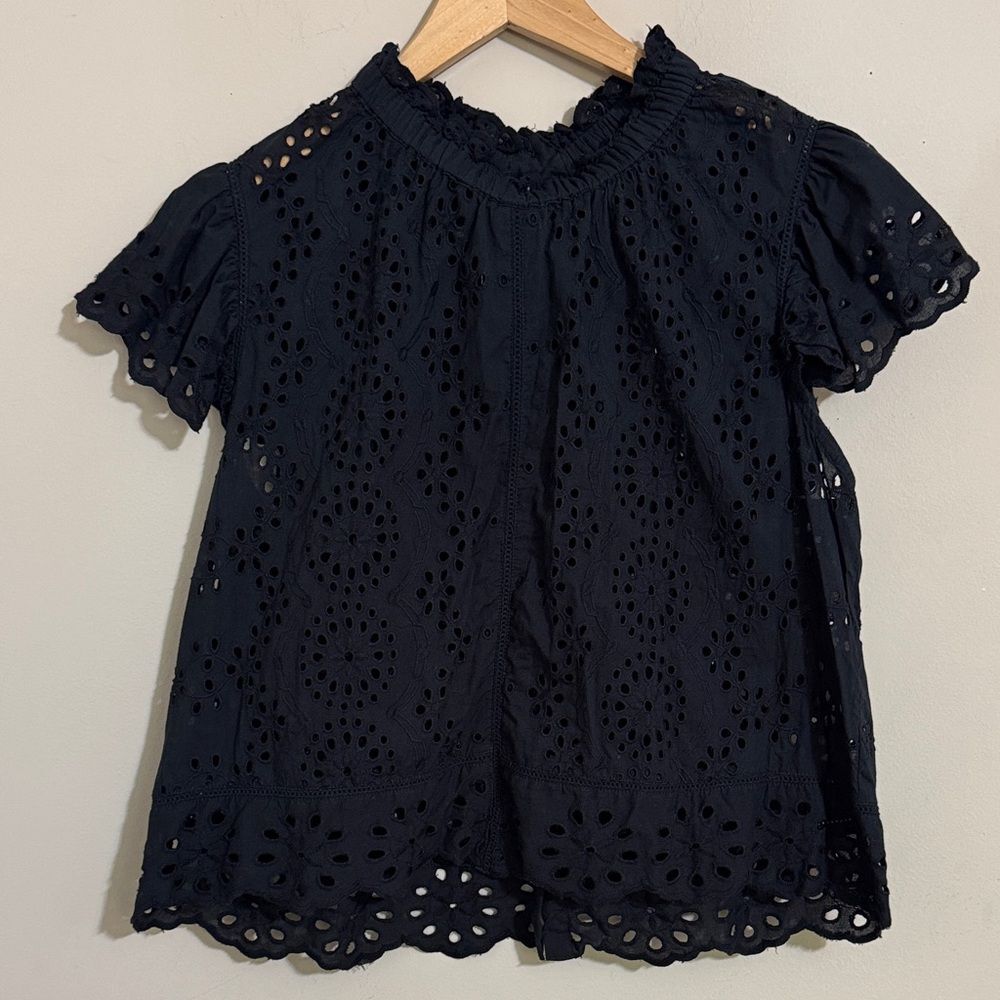 Jennifer & Grace Black Cotton Eyelet Cap Sleeve Women's Top size L Coquette